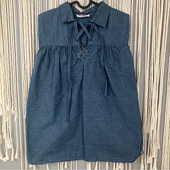 Blue Patterned Handmade Women's Sleeveless Renaissance Tunic V Neck Tie Up Loose - Picture 2 of 10